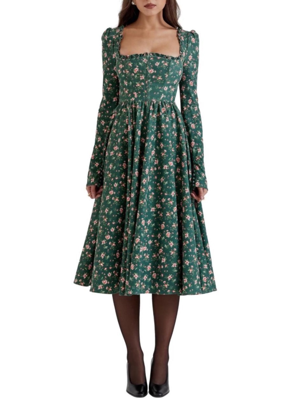 House of Cb Vintage-Inspired Green Floral Square-Neck Midi Dress